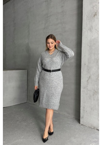 Büyük Beden V Yaka Uzun Kollu Örme Kazak Elbise 302335 indirimleri