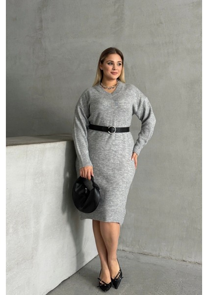 Büyük Beden V Yaka Uzun Kollu Örme Kazak Elbise 302335