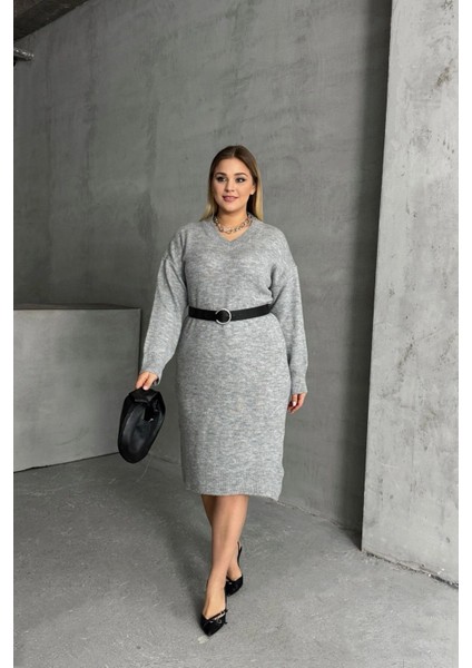 Büyük Beden V Yaka Uzun Kollu Örme Kazak Elbise 302335