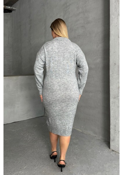 Büyük Beden V Yaka Uzun Kollu Örme Kazak Elbise 302335