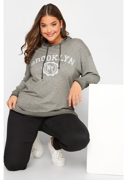 Büyük Beden Kapüşonlu Uzun Kollu Baskılı Sweatshirt 301145