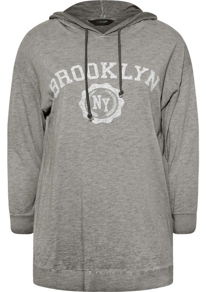 Büyük Beden Kapüşonlu Uzun Kollu Baskılı Sweatshirt 301145