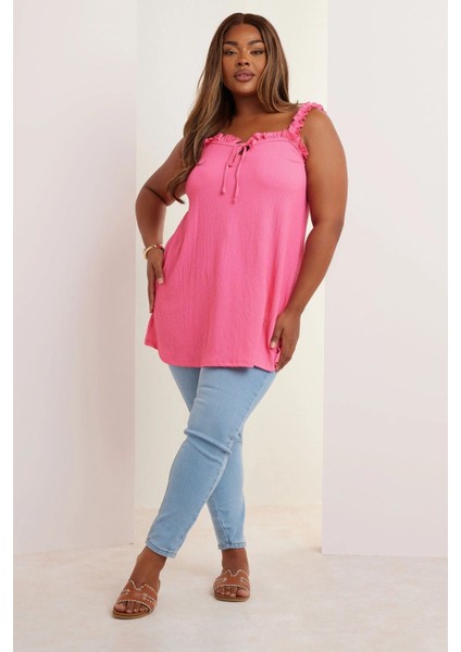 Büyük Beden Geniş Yaka Fırfır Askılı Kol Önü Bağlamalı Bluz 322689