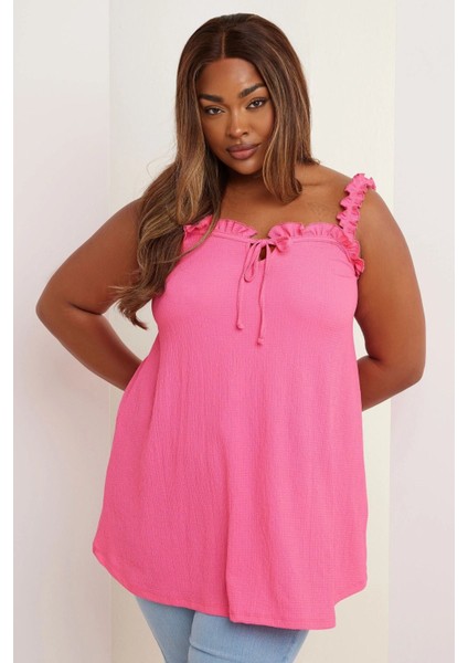 Büyük Beden Geniş Yaka Fırfır Askılı Kol Önü Bağlamalı Bluz 322689 fiyatları