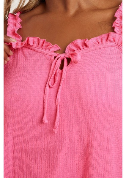 Büyük Beden Geniş Yaka Fırfır Askılı Kol Önü Bağlamalı Bluz 322689 fırsatları