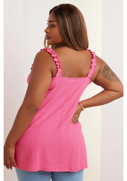 Büyük Beden Geniş Yaka Fırfır Askılı Kol Önü Bağlamalı Bluz 322689 indirimleri