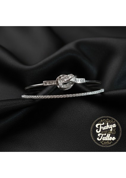 Zirkon Taşlı Su Yolu 2li Kurdele Kadın Çelik Kelepçe Bileklik Paslanmaz