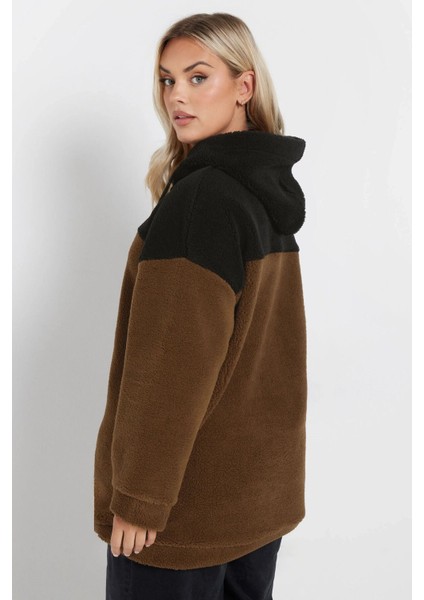 Büyük Beden Uzun Kollu Kapüşonlu ve Cepli Peluş Sweatshirt 303794