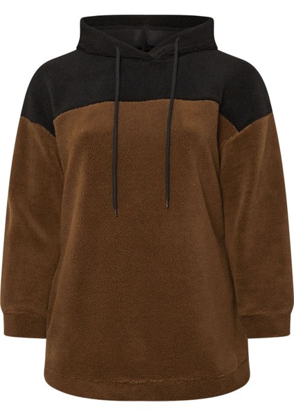 Büyük Beden Uzun Kollu Kapüşonlu ve Cepli Peluş Sweatshirt 303794