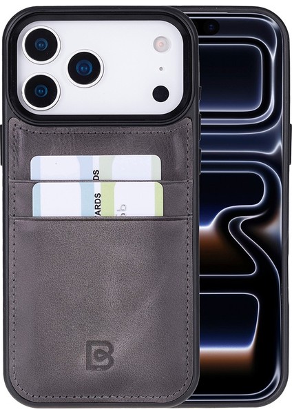 , Apple iPhone 17 Pro Max Için, Hakiki Deri, El Yapımı Kartlıklı Kılıf, Iç Yüzeyi Kadife, Gölgeli Gri