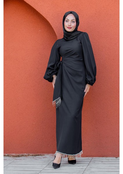 Kies Taş Püskül Detaylı Abiye-Siyah