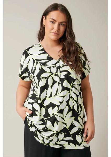 Büyük Beden V Yaka Kısa Kollu Yaprak Desenli Bluz 615244
