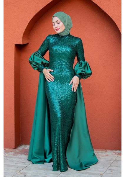 Celine Seyyar Pelerinli Balon Kol Abiye-Zümrüt