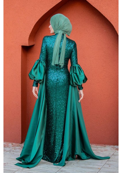 Celine Seyyar Pelerinli Balon Kol Abiye-Zümrüt fırsatları