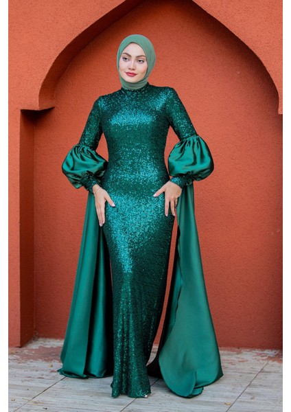 Celine Seyyar Pelerinli Balon Kol Abiye-Zümrüt indirimleri