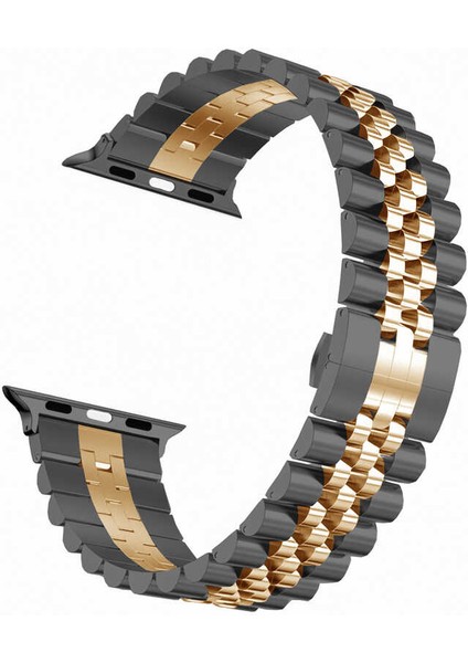 Apple Watch 10 (46MM) Uyumlu Zincir Görünümlü Metal Kordon-36 Siyah-Rose Gold
