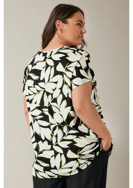 Büyük Beden V Yaka Kısa Kollu Yaprak Desenli Bluz 615244 indirimleri
