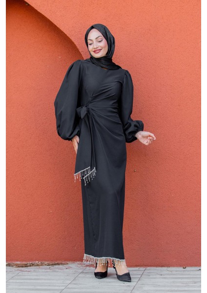 Kies Taş Püskül Detaylı Abiye-Siyah modelleri