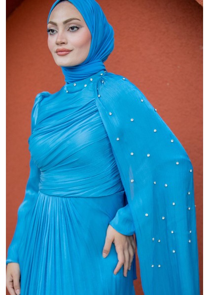 Swan Taş Işlemeli Yoryo Şifon Abiye-Mavi fiyatları