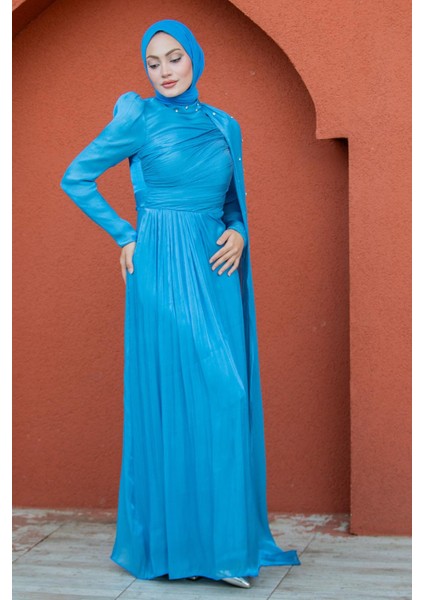 Swan Taş Işlemeli Yoryo Şifon Abiye-Mavi fırsatları