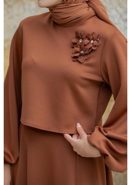 Yaka Çiçekli Puf Dalgıç Etekli Takım-Kahve fiyatları