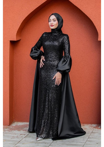 Celine Seyyar Pelerinli Balon Kol Abiye-Siyah