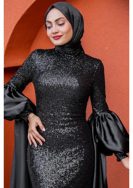 Celine Seyyar Pelerinli Balon Kol Abiye-Siyah fiyatları