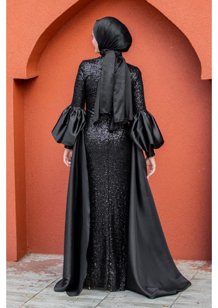 Celine Seyyar Pelerinli Balon Kol Abiye-Siyah modelleri