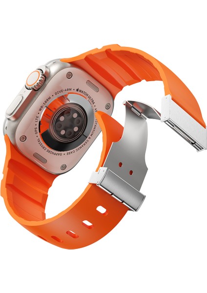 Apple Watch 9 (45MM) Uyumlu Metal Tokalı Silikon KORDON-145 Turuncu modelleri