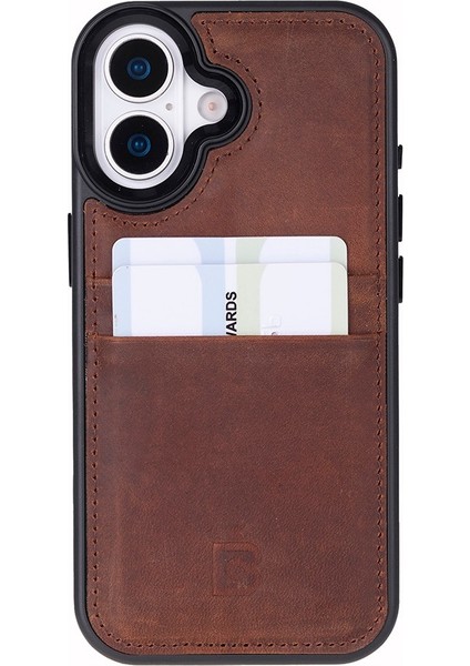 , Apple iPhone 17 Için, Hakiki Deri, El Yapımı Kartlıklı Kılıf, Iç Yüzeyi Kadife, Antik Kahve