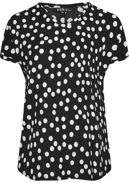 Büyük Beden V Yaka Kısa Kollu Puantiye Desenli Bluz 303496