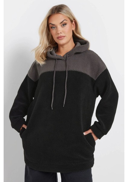 Büyük Beden Uzun Kollu Kapüşonlu ve Cepli Peluş Sweatshirt 303790