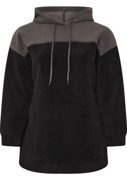 Büyük Beden Uzun Kollu Kapüşonlu ve Cepli Peluş Sweatshirt 303790
