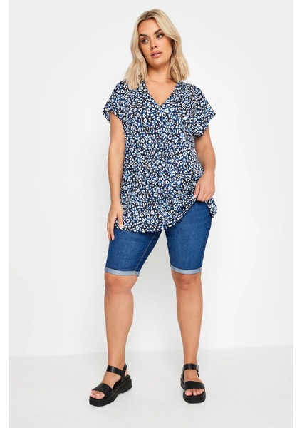 Büyük Beden V Yaka Leopar Desenli Kısa Kollu Bluz 321780 fiyatları