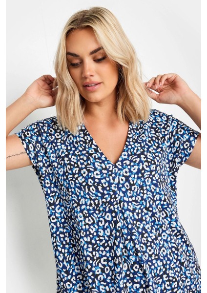 Büyük Beden V Yaka Leopar Desenli Kısa Kollu Bluz 321780 fırsatları