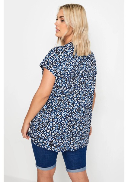 Büyük Beden V Yaka Leopar Desenli Kısa Kollu Bluz 321780 indirimleri
