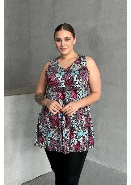Büyük Beden V Yaka Sıfır Kol Çiçek Desenli Bluz 302261 fırsatları