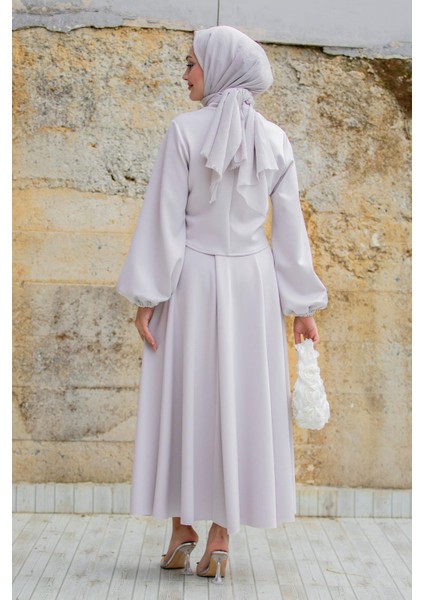 Yaka Çiçekli Puf Dalgıç Etekli Takım-Açıkgri modelleri