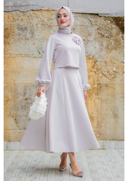 Yaka Çiçekli Puf Dalgıç Etekli Takım-Açıkgri fırsatları