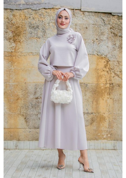 Yaka Çiçekli Puf Dalgıç Etekli Takım-Açıkgri indirimleri