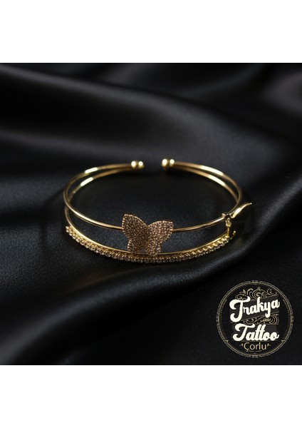 Zirkon Taşlı Su Yolu Kelebekli 2li Kadın Çelik Kelepçe Bileklik Paslanmaz