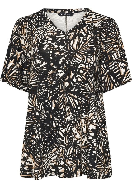 Büyük Beden V Yaka Ön Pileli Kısa Kollu Desenli Bluz 303725