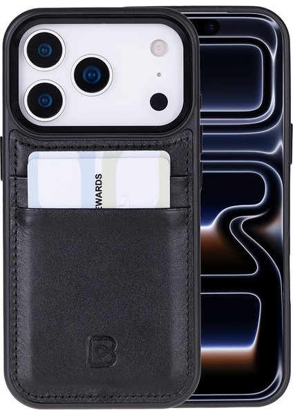 , Apple iPhone 17 Pro Için, Hakiki Deri, El Yapımı Kartlıklı Kılıf, Iç Yüzeyi Kadife, Kömür Siyahı