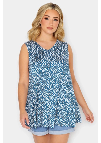 Büyük Beden Kolsuz V Yaka Desenli Likralı Bluz 302066