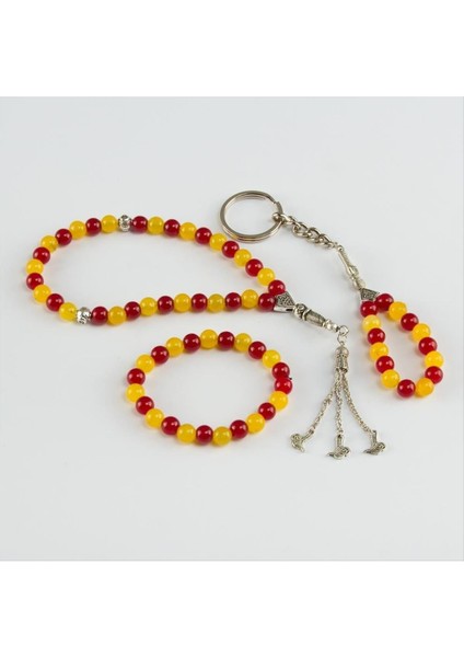 Allzey 3' Lü Doğal Taş Set Anahtarlık,bileklik,tesbih-Kırmızı