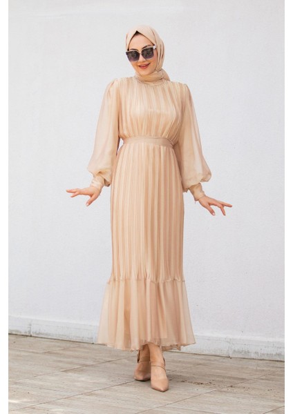 Mindy Drapeli Özel Gün Elbisesi-Bej