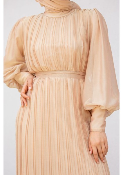 Mindy Drapeli Özel Gün Elbisesi-Bej fiyatları