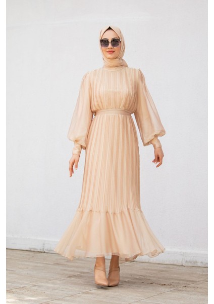 Mindy Drapeli Özel Gün Elbisesi-Bej modelleri