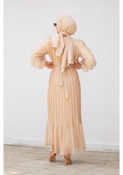 Mindy Drapeli Özel Gün Elbisesi-Bej fırsatları