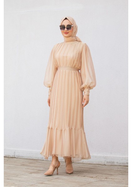 Mindy Drapeli Özel Gün Elbisesi-Bej indirimleri